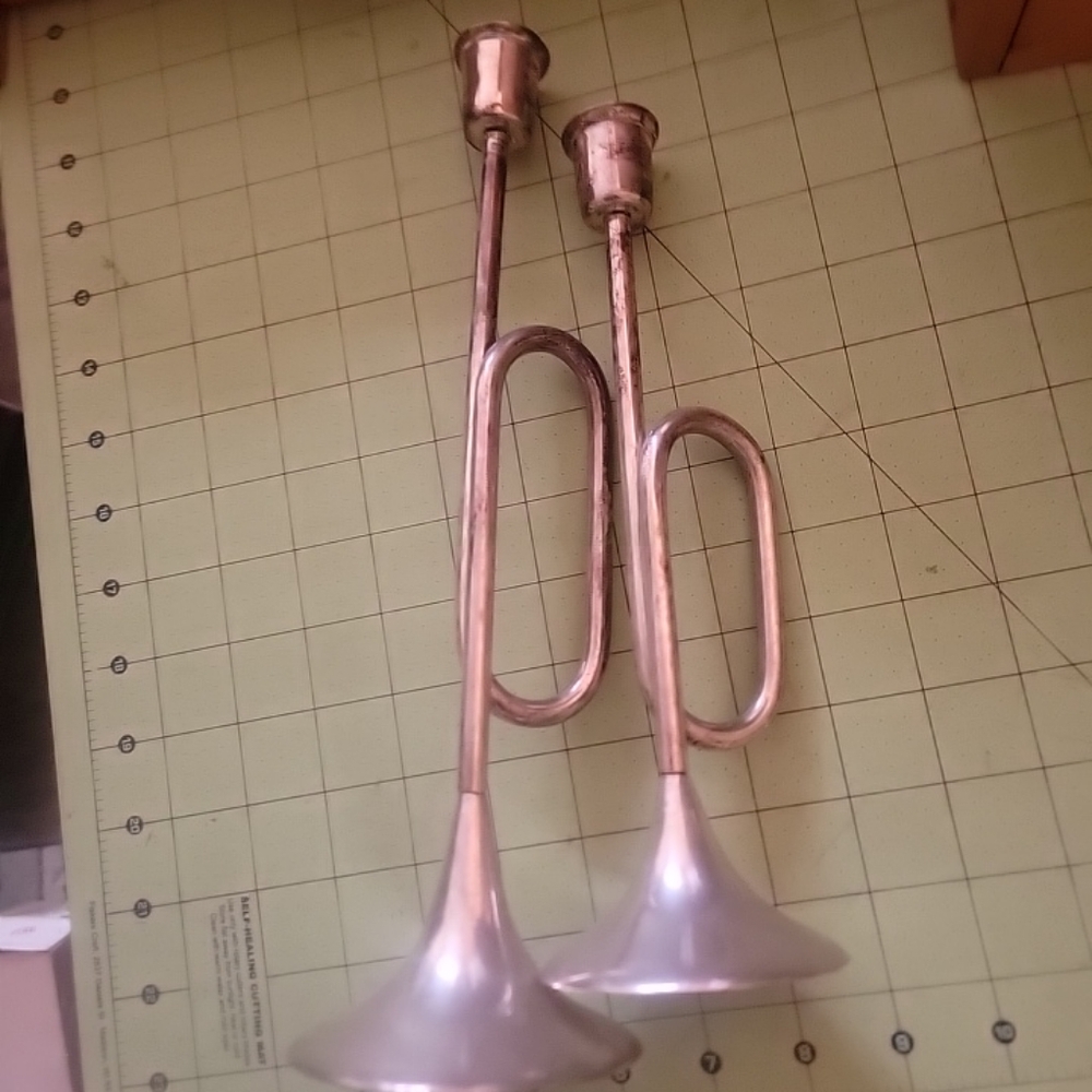 Pair Of Silverplate Candle Sticks In The Shape Of A Trumpet